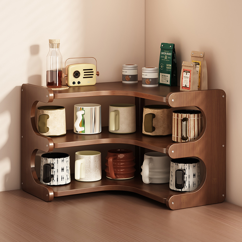 桌面置物架实木家用桌上转角咖啡杯水杯杯子架角落收纳架分层架子